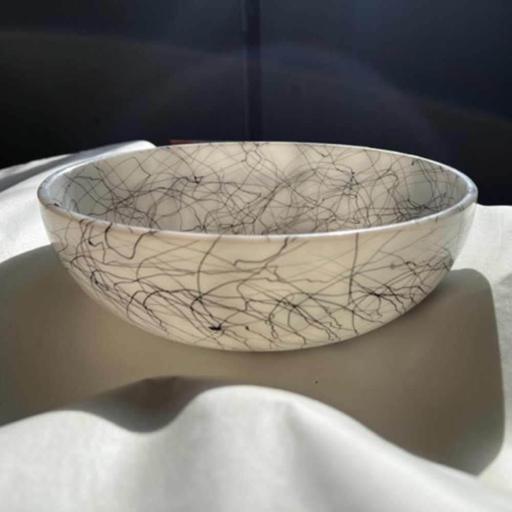 MCM Hazel Atlas Midnight Magic Salad Bowl with black spaghetti drizzle on white